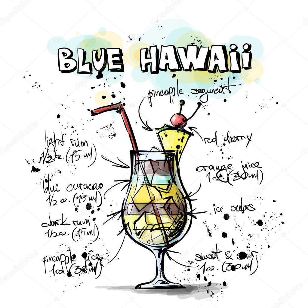 Hand drawn illustration of cocktail. BLUE HAWAII