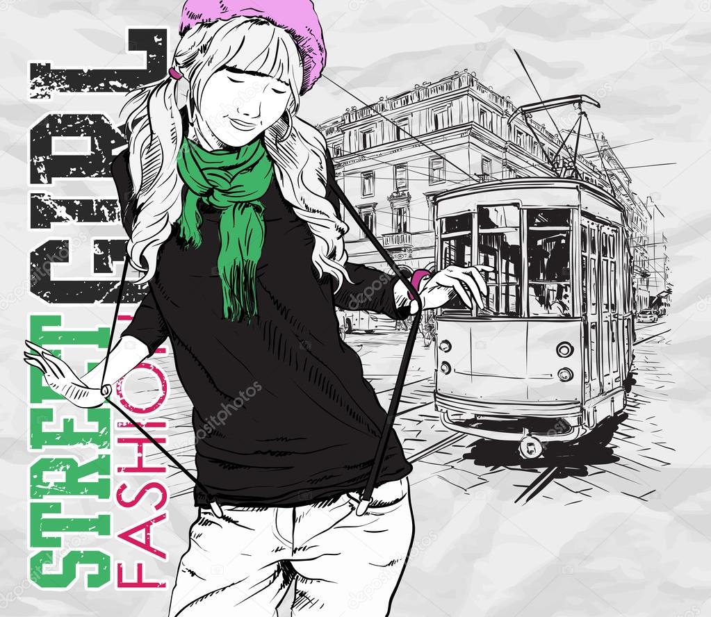 ファッションの女の子と古い路面電車のベクトル イラスト ストックベクター C R Lion O ファッションの女の子と古い路面電車のベクトル イラスト ストックベクター C R Lion O