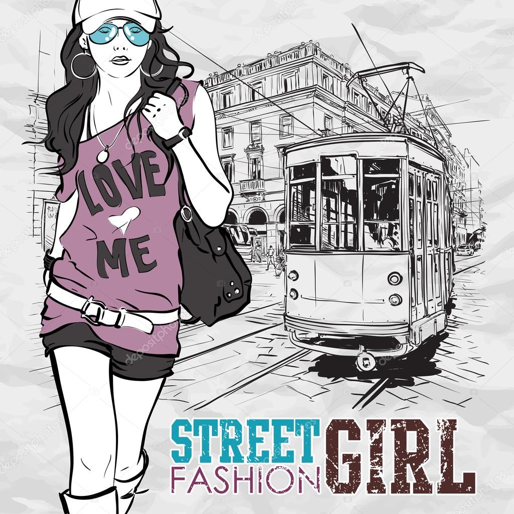 Vector illustration of a fashion girl and old tram.