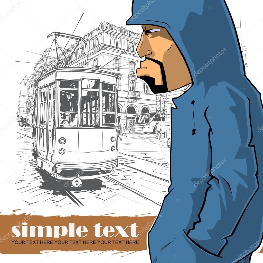 Vector illustration of a graffiti character and old tram.
