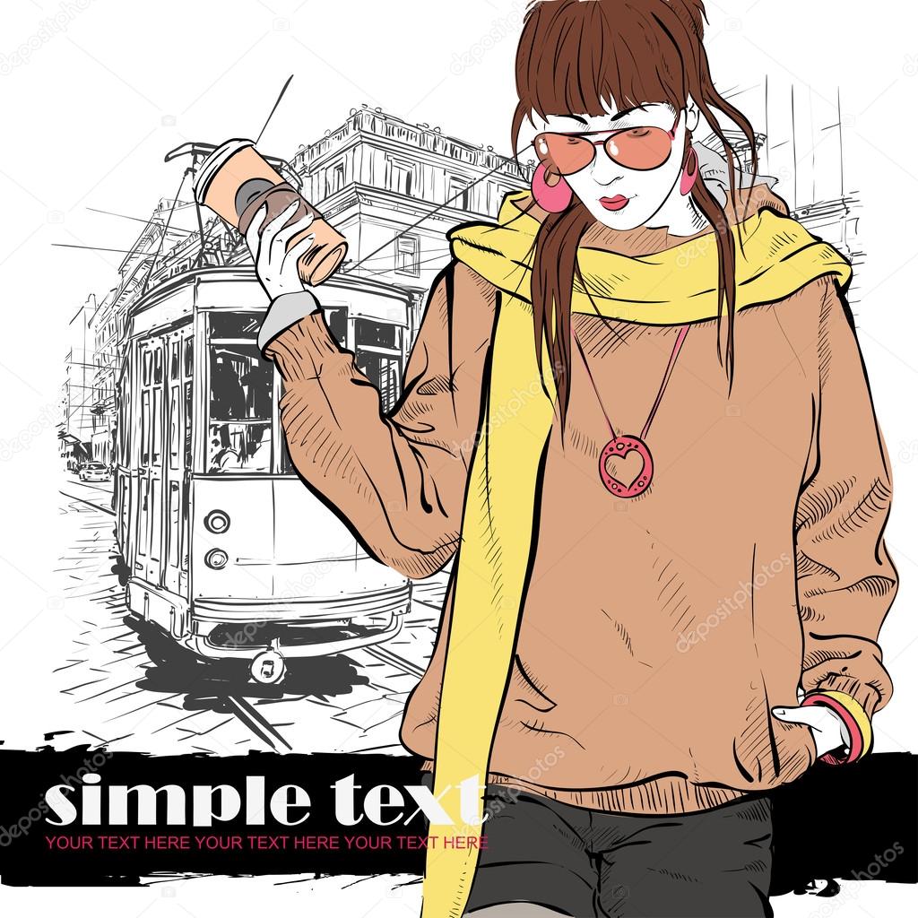 Vector illustration of pretty fashion girl and old tram