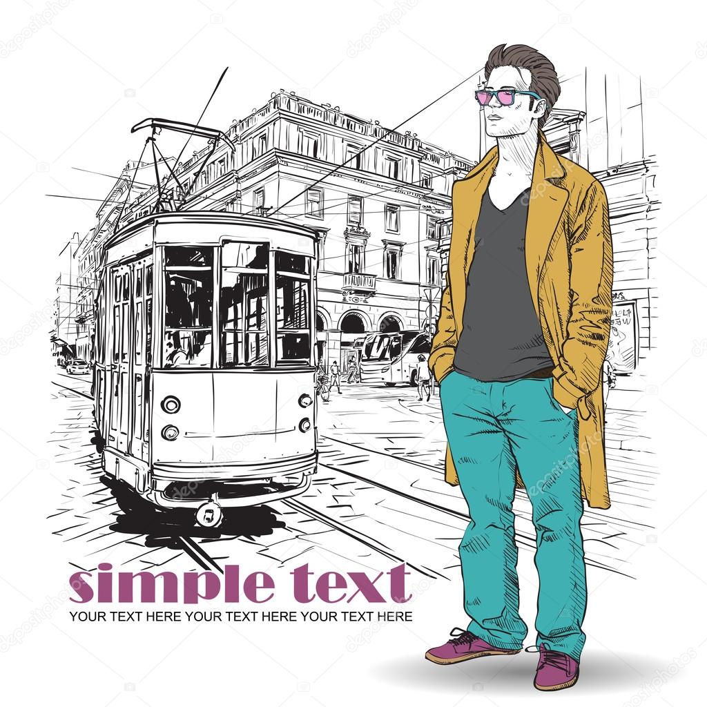 Vector illustration of a stylish guy and old tram.