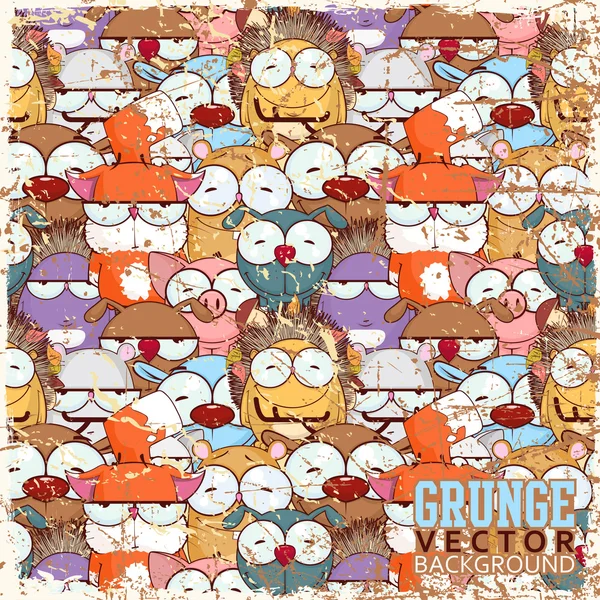 Vintage scratched background with cartoon animals. — Stock Vector