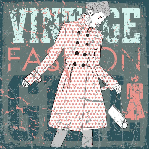 Pretty fashion girl on vintage scratched background — Stock Vector