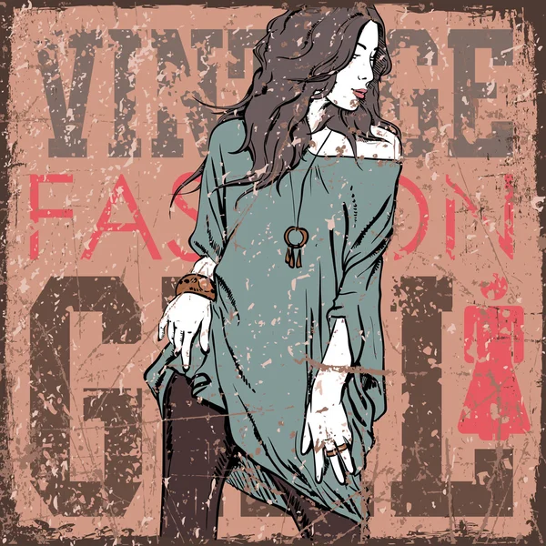 Bastante chica de moda en fondo rayado vintage — Vector de stock