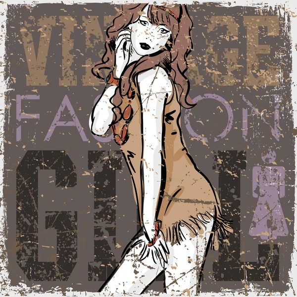 Bastante chica de moda en fondo rayado vintage — Vector de stock