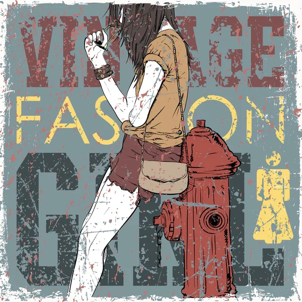 Frumusica fata de moda pe fundal vintage zgâriat — Vector de stoc