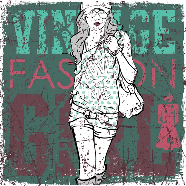 Pretty fashion girl on vintage scratched background — Stock Vector