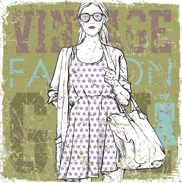 Bastante chica de moda en fondo rayado vintage — Vector de stock