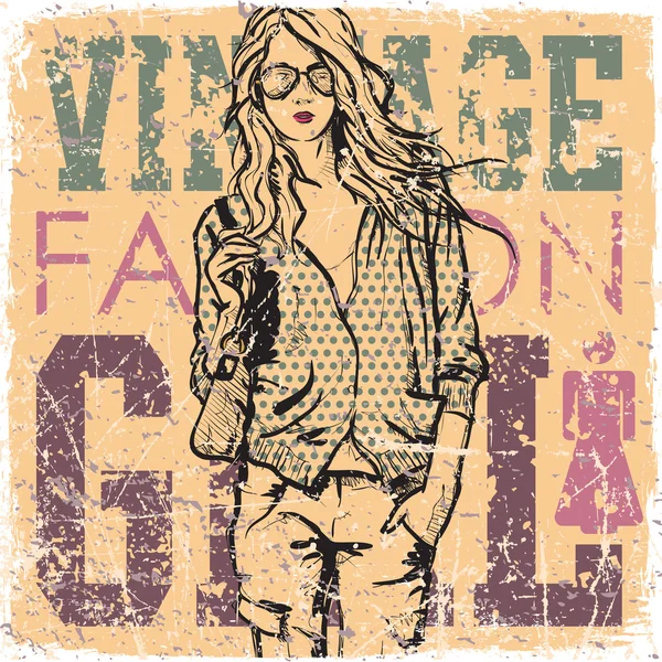 Menina de moda bonita no vintage riscado fundo — Vetor de Stock