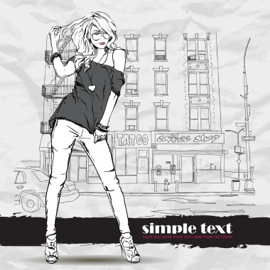 şirin moda kız sokak arka plan üzerinde