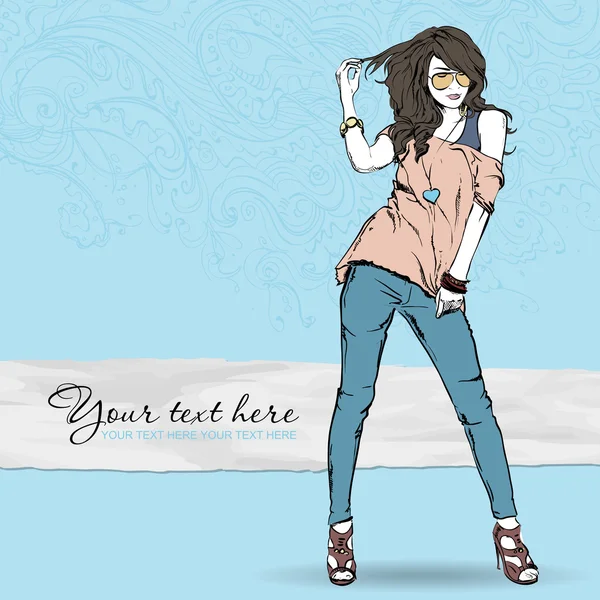 Sexy chica de moda en estilo de boceto sobre un fondo floral — Vector de stock
