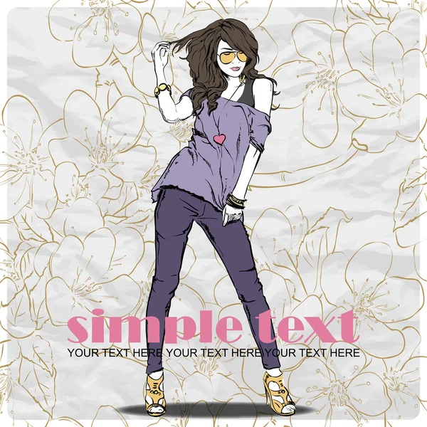Fashion girl in sketch-style on a paper-background — Stock Vector