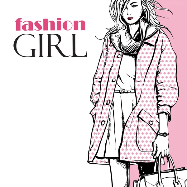 Fashion girl in a coat in sketch-style — Stock Vector