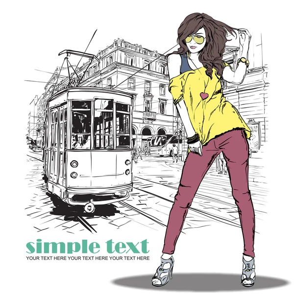 Vector illustration of a fashion girl and old tram. — Stock Vector