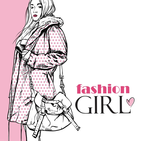 Chica de moda en un abrigo en estilo de boceto — Vector de stock
