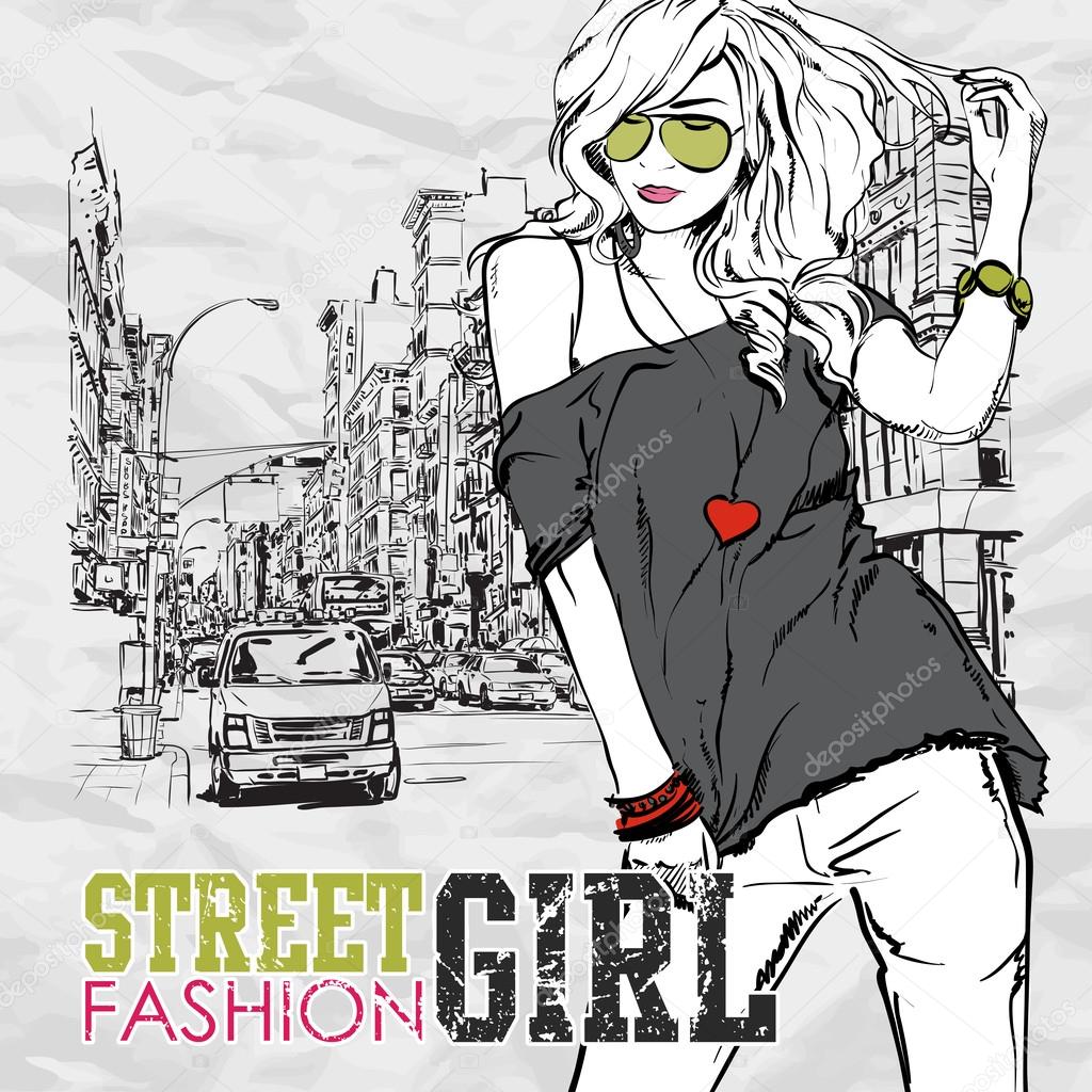 Fashion girl in sketch-style on a city-background