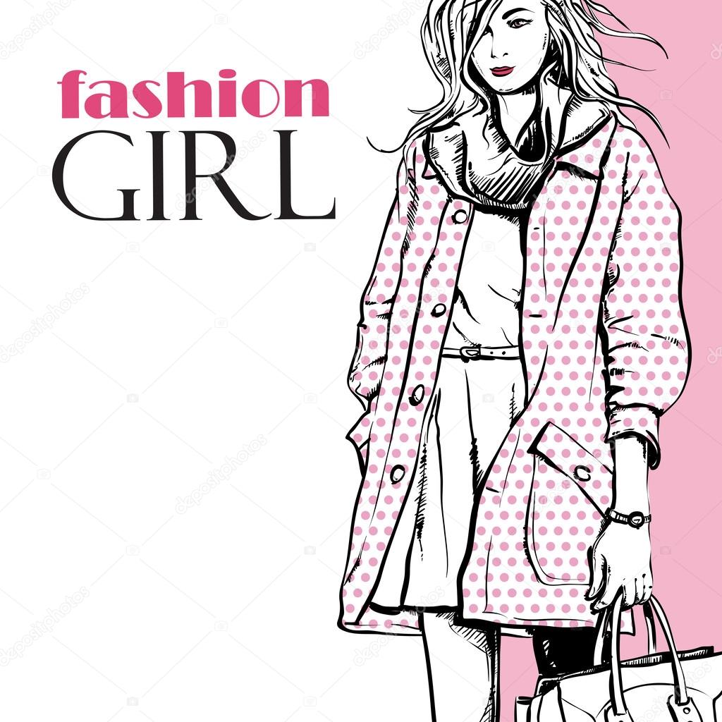 Fashion girl in a coat in sketch-style