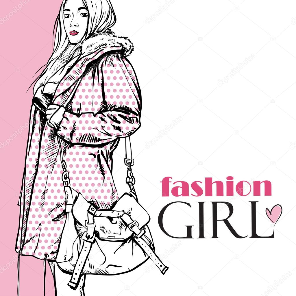 Fashion girl in a coat in sketch-style