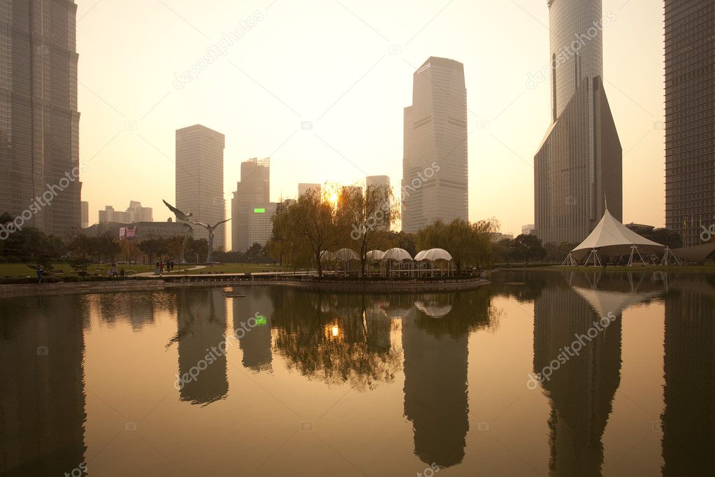 Shanghai Lujiazui Park at dusk scene