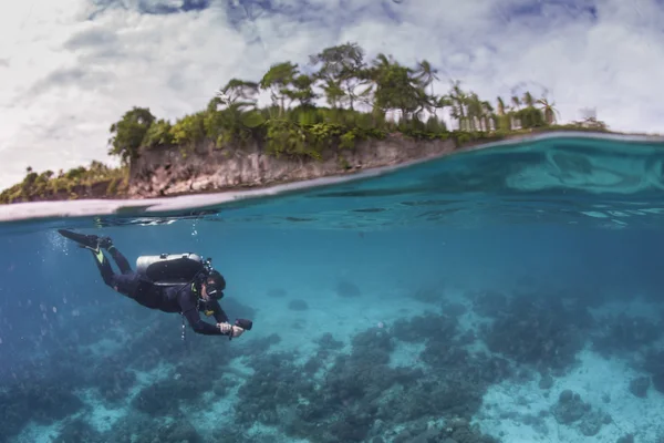 Diver on a healthy reef — Stock Photo, Image