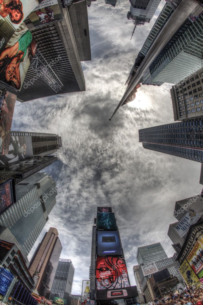 Looking up, Times Square at night, New York City, USA Stock Editorial