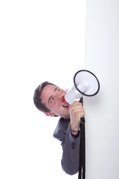 Businessman with megaphone on white background — Stock Photo, Image