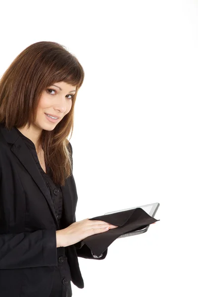 Mujer de negocios limpiando iPod — Foto de Stock