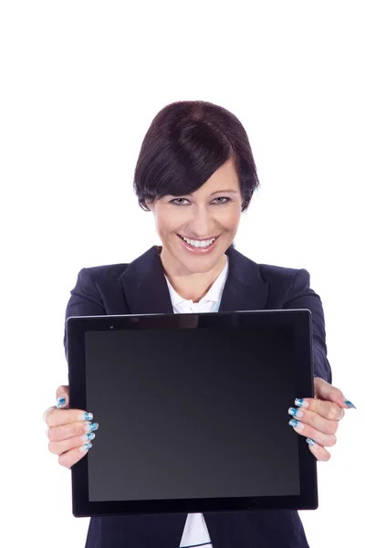 Businesswoman holding a large monitor — Stock Photo, Image