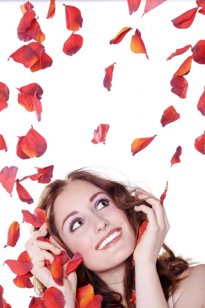 Roses fall on Woman — Stock Photo, Image