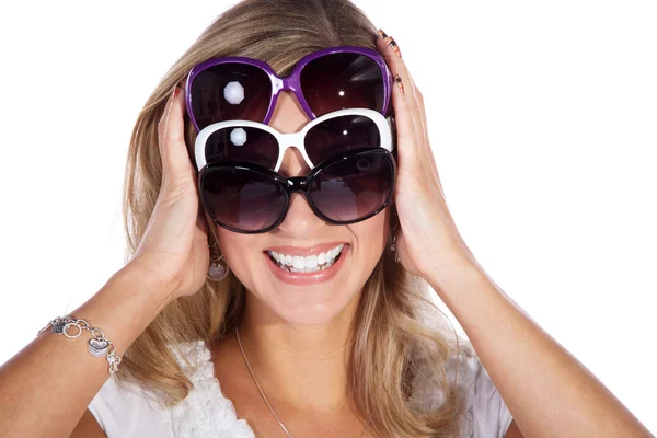 Blonde girl with three glasses — Stock Photo, Image
