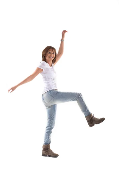 Velha mulher feliz em um fundo branco — Fotografia de Stock