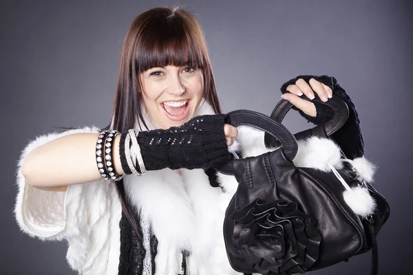 Brunette girl in white fur — Stock Photo, Image