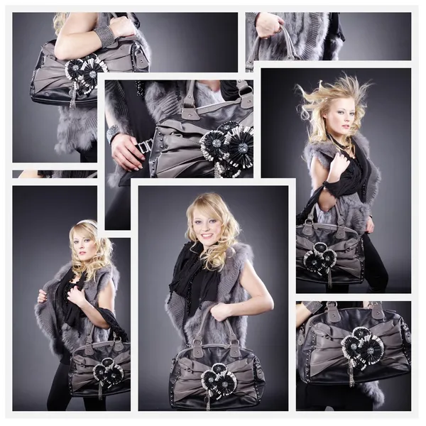 Bakgrund av den blonda flickan med väskan i olika positioner — Stockfoto