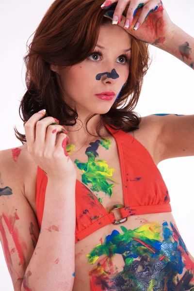 Bruneta fata în vopsele colorate — Fotografie, imagine de stoc