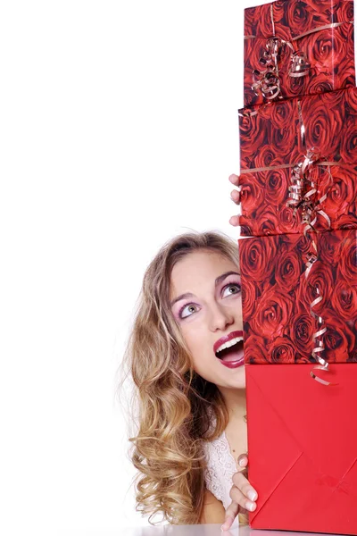 Chica rubia de Navidad con regalos —  Fotos de Stock