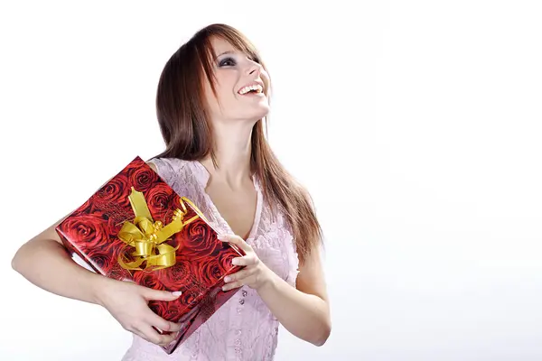 Christmas blonde girl with a gift — Stock Photo, Image