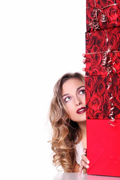 Chica rubia de Navidad con regalos —  Fotos de Stock