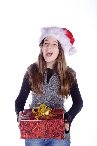 Christmas blonde girl with a gift — Stock Photo, Image