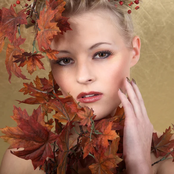 Face blonde girl with autumn leaves — Stock Photo, Image