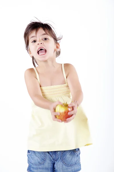 Tatlı bir elma ile küçük kız — Stok fotoğraf