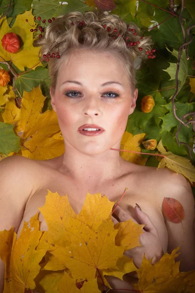 Face blonde girl with autumn leaves — Stock Photo, Image