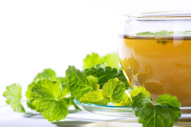 çay bardağı taze nane yaprakları ile