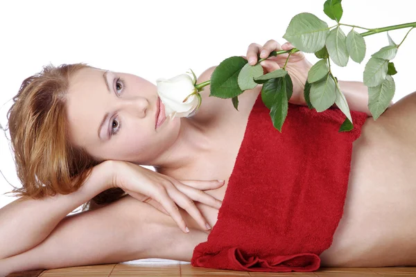 Red-haired girl with white rose — Stock Photo, Image