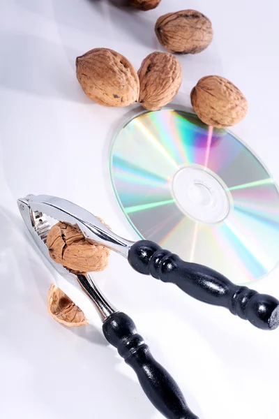 Nutcracker with walnut and CD — Stock Photo, Image