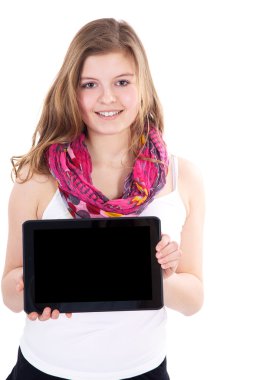 tablet ile sarışın kız