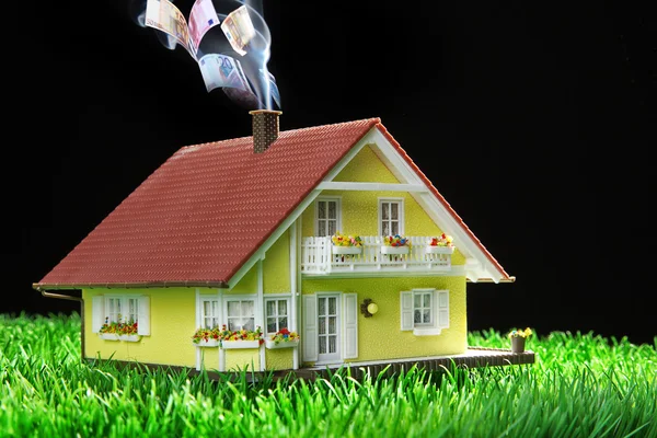 Toy house on a meadow with money — Stock Photo, Image