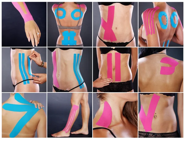 Collage av en kvinnlig kropp med kinesio tape — Stockfoto