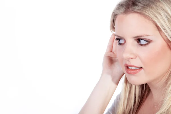 Blonde girl shows sign — Stock Photo, Image