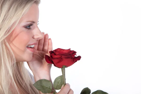 Blondýnka s červenou růží — Stock fotografie